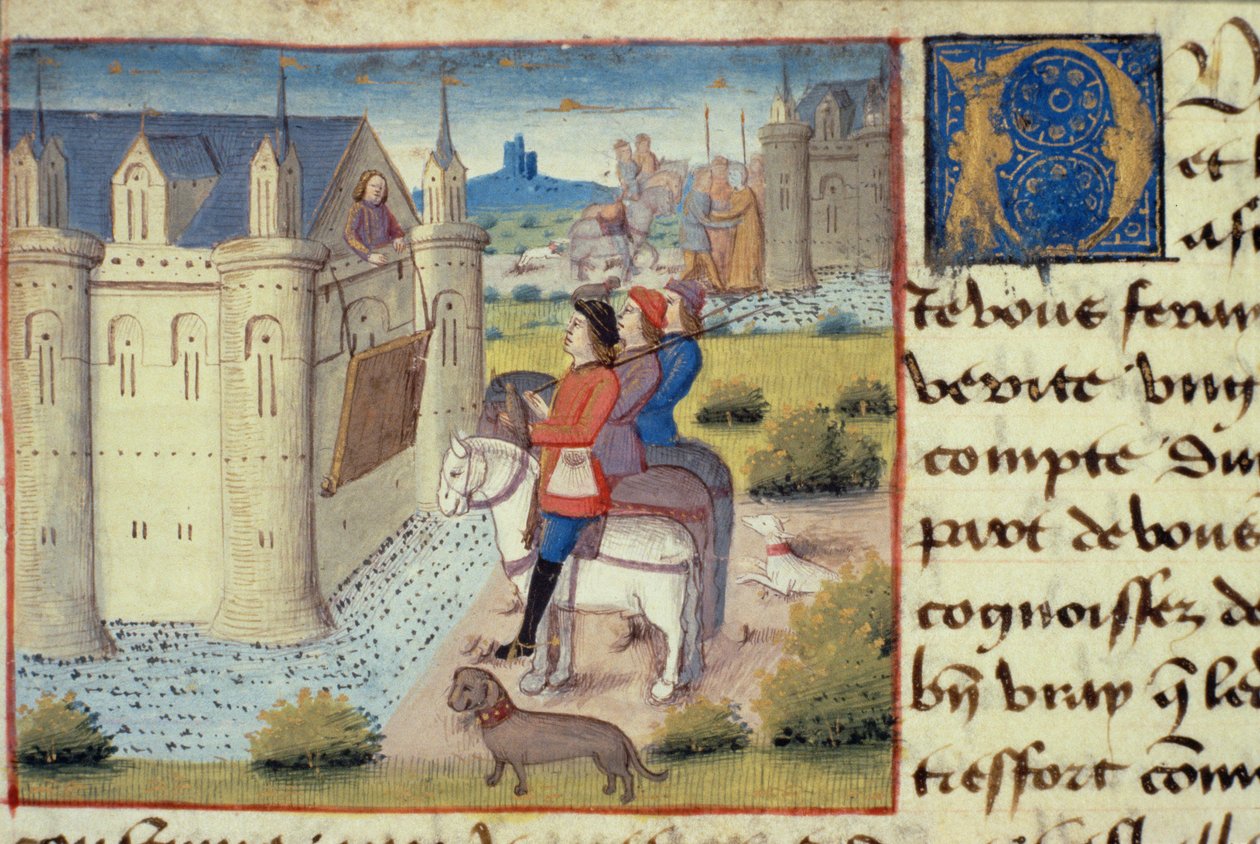 السيدة Hunter 252 f.169v Moat حول مدينة ، من Les Cent Nouvelles Nouvelles ، 1462 بواسطة المدرسة الفرنسية