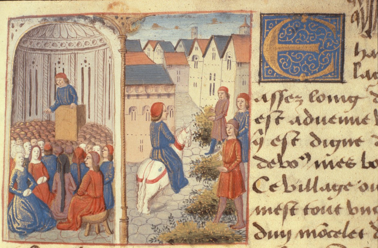 السيدة Hunter 252 f.183r محاضرة واندفاع متسرع في الشوارع ، من Les Cent Nouvelles Nouvelles ، 1462 بواسطة المدرسة الفرنسية