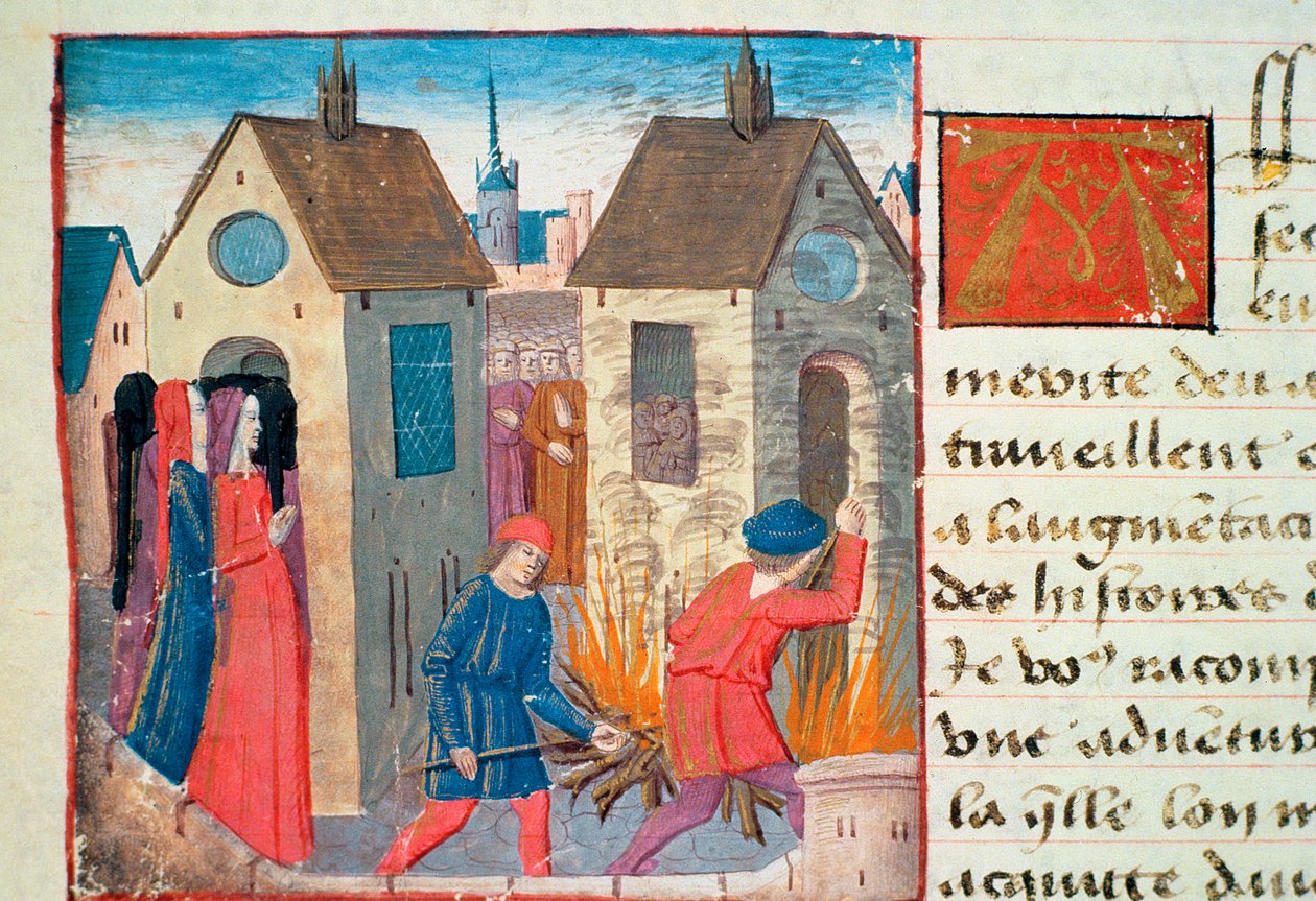 السيدة Hunter 252 f.75v حرق منزل ، من Les Cent Nouvelles Nouvelles ، 1462 بواسطة المدرسة الفرنسية