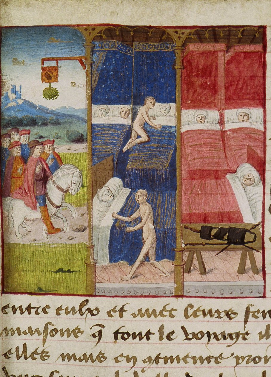 السيدة Hunter 252 f.75v Hostel ، من "Les Cent Nouvelles Nouvelles" ، 1462 بواسطة المدرسة الفرنسية