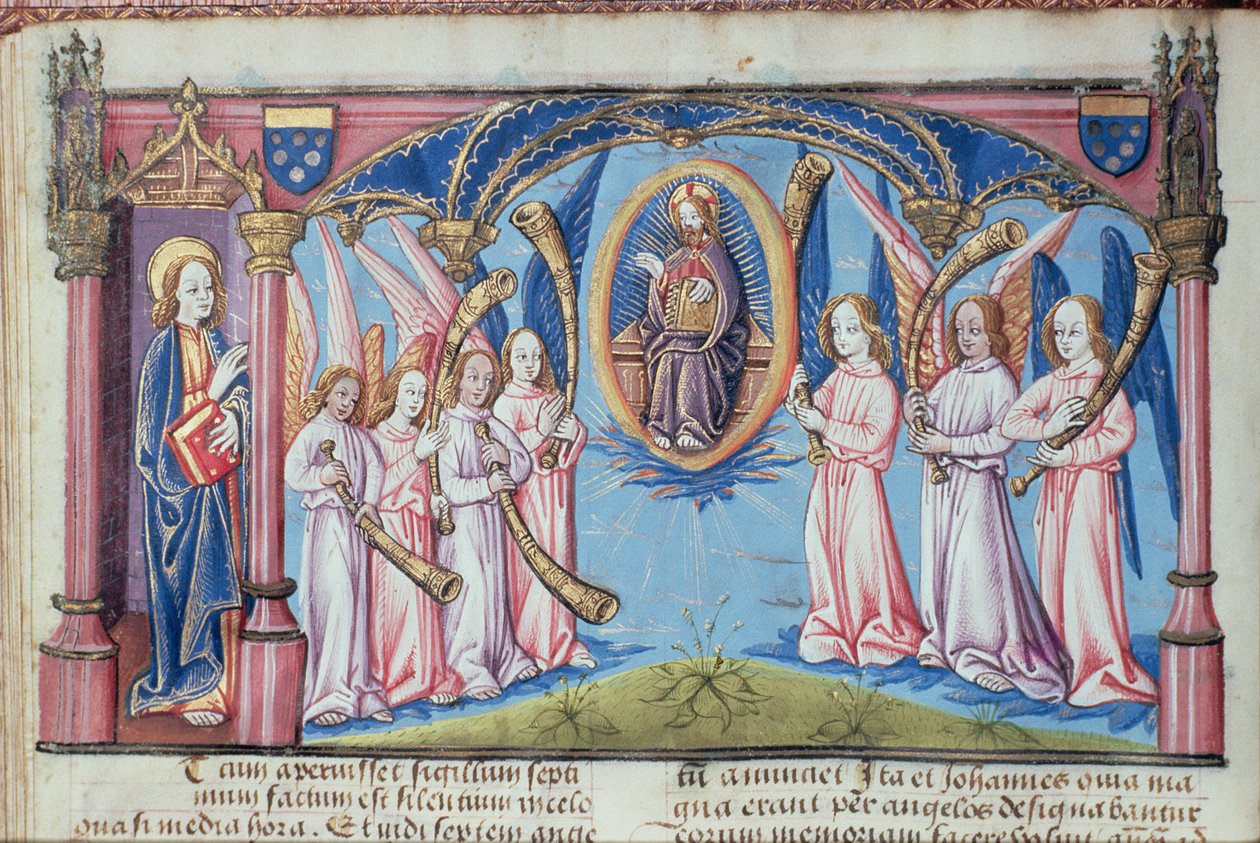 السيدة Hunter 398 v.2.18 f.17v الملائكة ، من Apocoalypsis S. Joannis بواسطة المدرسة الفرنسية