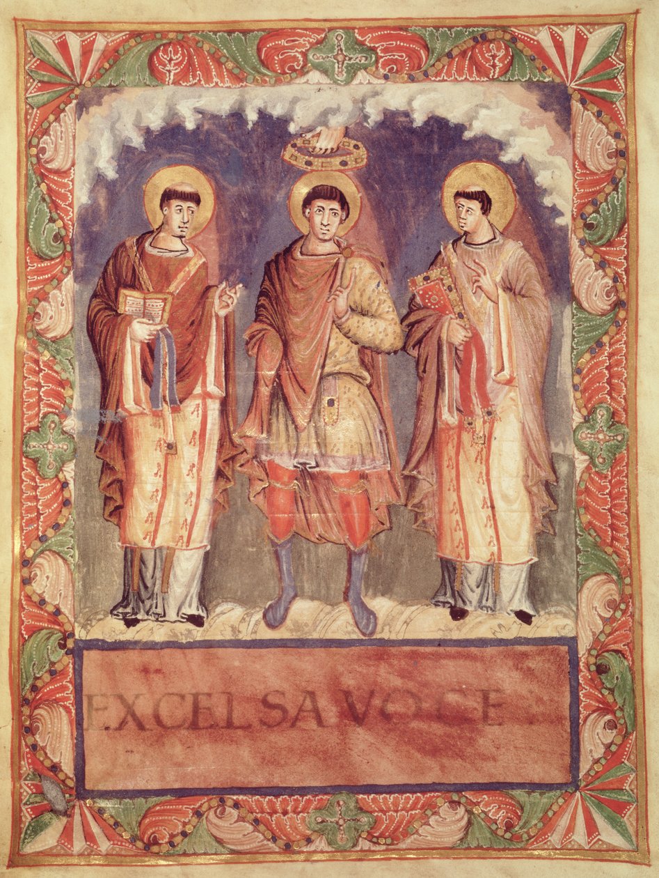 السيدة لات 1141 fol.2v تتويج تشارلز الثاني (823-877) مع أساقفة ريمس وتريفز ، من Sacrementaire de Metz (انظر أيضًا 159999) بواسطة المدرسة الفرنسية