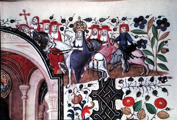 Ms Lat 1156b Fol.167 تفاصيل البابا على بغله مع حاشيته ، من رسم توضيحي للقديس بطرس ، من ساعات Marguerite d'Orleans ، حوالي 1426 (ورق) بواسطة المدرسة الفرنسية