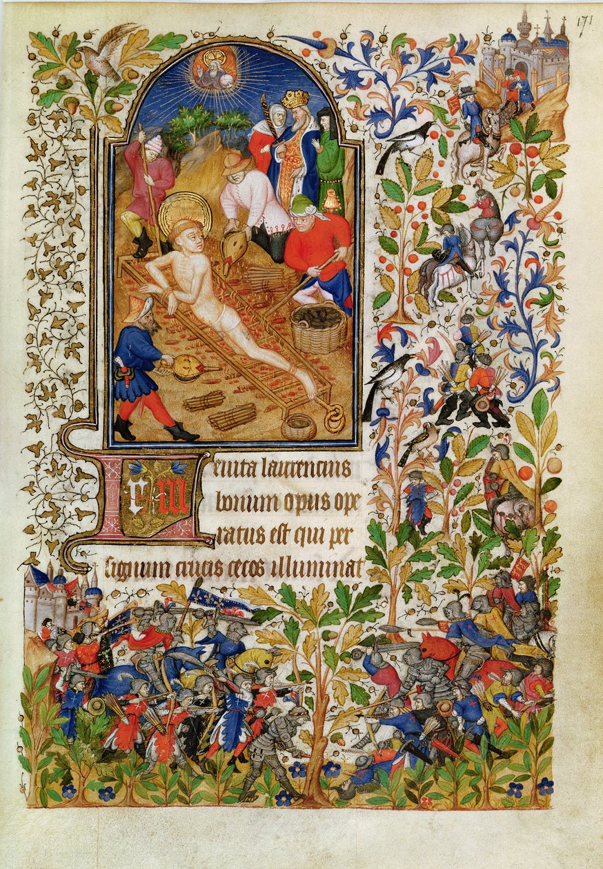Ms Lat 1156b fol. 171 استشهاد القديس لورانس ، من ساعات مارغريت دورليانز ، 1426 بواسطة المدرسة الفرنسية
