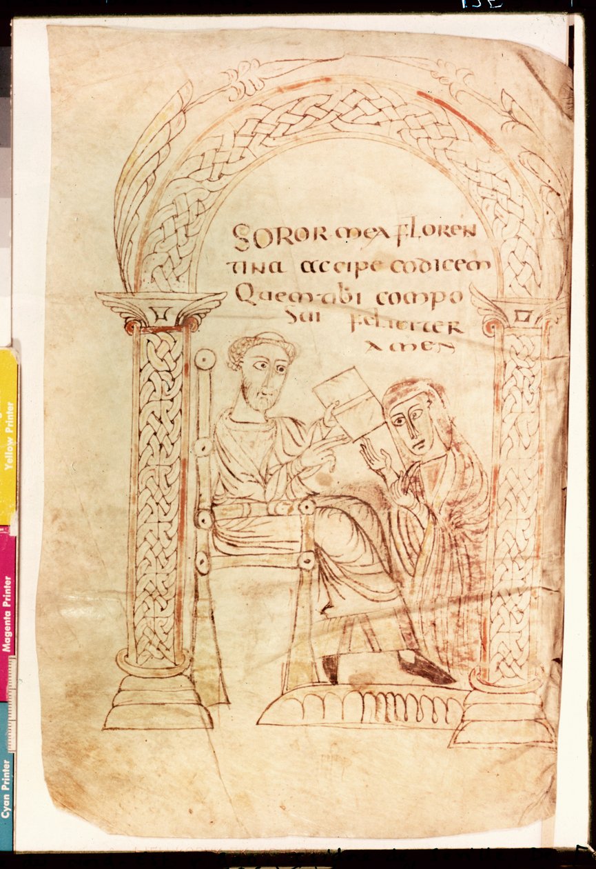 يقدم MS 13396 fol.1r Isidoro عمله لأخته فلورنسا ، من إيمان العهد القديم والجديد ضد اليهود بواسطة Isidore of Seville (c.560-636) c.800 بواسطة المدرسة الفرنسية
