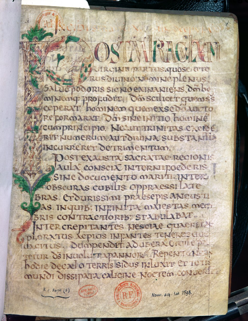السيدة لات 1598 Fol.1 زومورفيك مؤرخة P الأولية ، من عمل سانت أوغسطين (354-430) بواسطة المدرسة الفرنسية