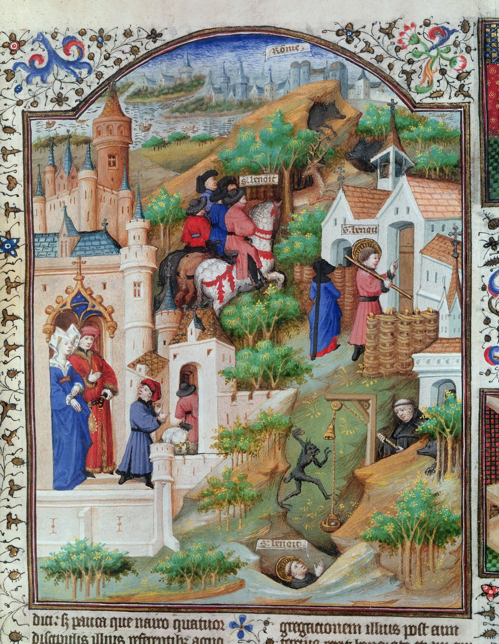 السيدة لات 17294 Fol.438 مشاهد من حياة القديس بنديكت (c.480-c.550) من كتاب شاعر دوق بيدفورد ، 1424-35 بواسطة المدرسة الفرنسية