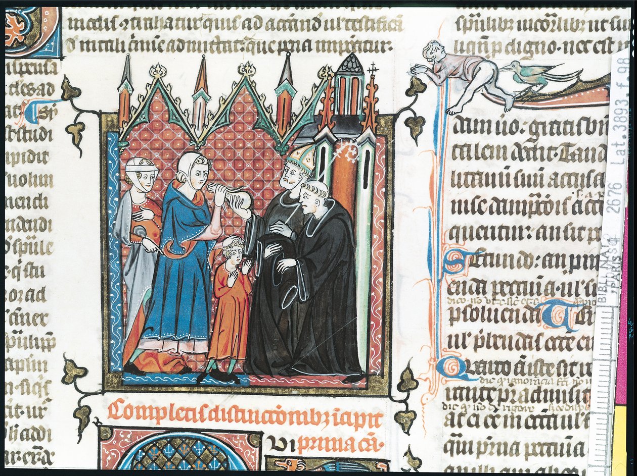 السيدة Lat 3893 Fol.98 الآباء يقدمون نقوداً للأسقف لأخذ ابنهم إلى الدير ، 1314 بواسطة المدرسة الفرنسية
