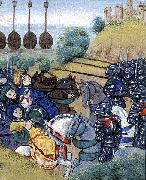 السيدة Roy 20 C IX f.278v انتصار المجر على الأتراك مع الأسطول التركي في الخلفية ، بقلم جان شارتييه ، أواخر القرن الخامس عشر ، من "كرونيك دو تيمب دي تريسكريتيان روي تشارلز السابع" (رق) بواسطة المدرسة الفرنسية