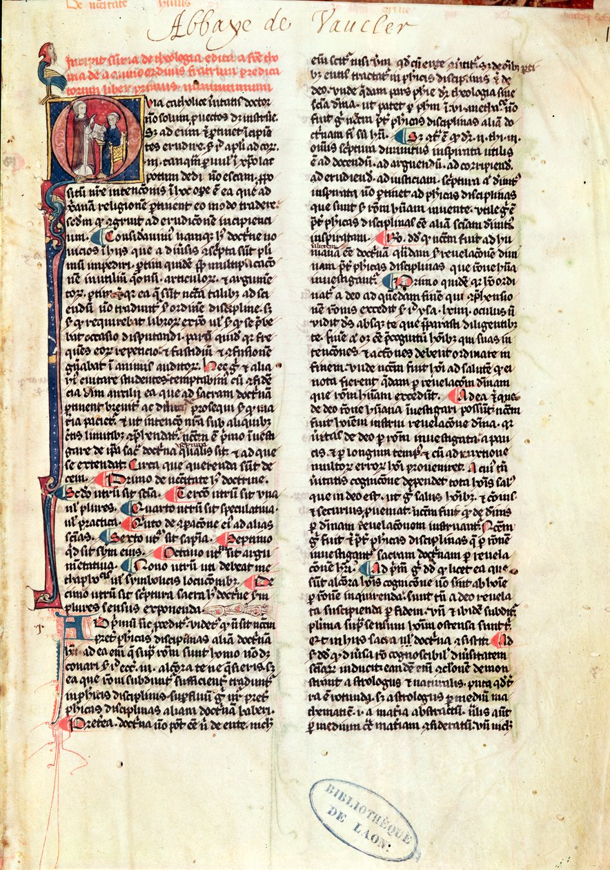 Ms de Vauclair 160 Fol.1 صفحة من Somme de Theologie لسانت توماس الأكويني (1225-74) بواسطة المدرسة الفرنسية