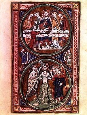 Ms n / a Lat 1392 Fol.3 وليمة الزفاف في قانا ومعمودية المسيح ، تفاصيل من 'Psautier a l'usage de Paris' (ورق) بواسطة المدرسة الفرنسية