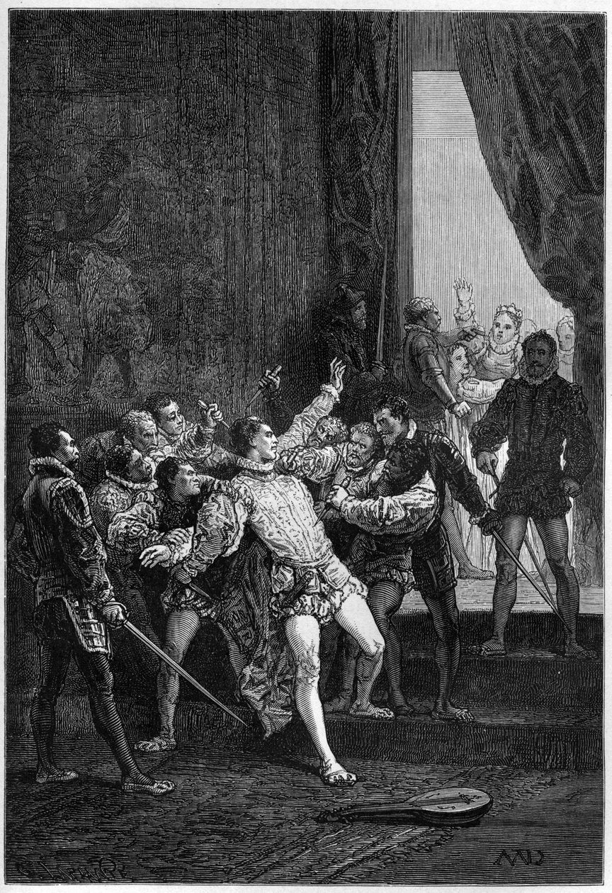 مقتل ديفيد ريزيو (دافيد) في حضور ماري ستيوارت (ماري إيري) (1542-1587) - نقش في "تاريخ إنجلترا منذ العصور الأولى" بقلم فرانسوا جيزو 1877 بواسطة المدرسة الفرنسية