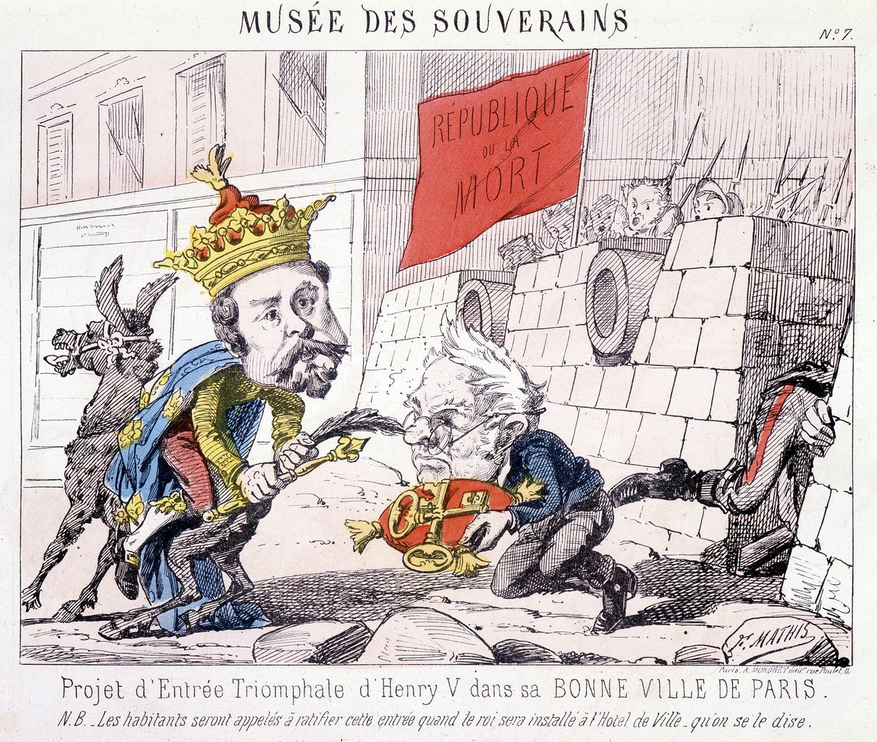 Musée des Souverains - مشروع للدخول المظفّر لهنري الخامس إلى مدينته الطيبة في باريس (سلّمه تيير مفاتيح باريس التي يدافع عنها المواطنون الذين يحملون علمًا مكتوبًا عليه "République ou la mort"). بواسطة المدرسة الفرنسية