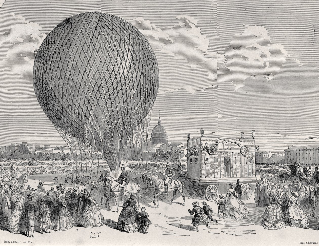 بالون Nadars ، Le Géant يجري تحضيره في Champ de Mars ، باريس لأول رحلة لها في 4 أكتوبر 1863 ، رسم توضيحي من Paris a Travers Les Siecles: Tome 5 ، 1889 بواسطة المدرسة الفرنسية