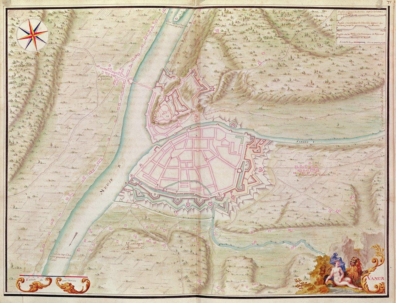 نامور والمنطقة المحيطة بها ، من أطلس لويس الرابع عشر. خطط الأماكن etrangeres، 1665 (قلم ، حبر ، غسيل) بواسطة المدرسة الفرنسية