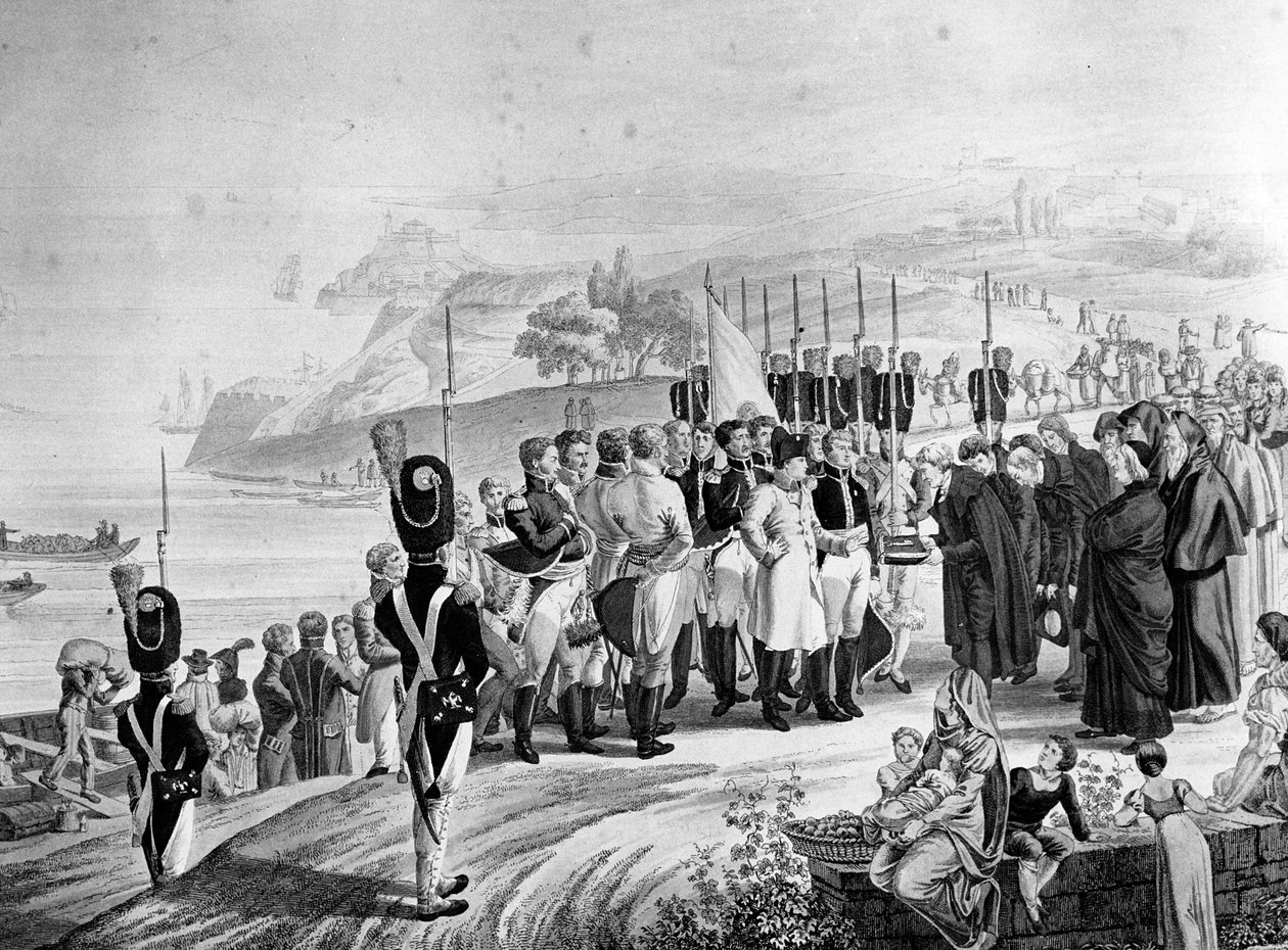 نابليون (1769-1821) يصل إلى جزيرة إلبا ، 1814 بواسطة المدرسة الفرنسية