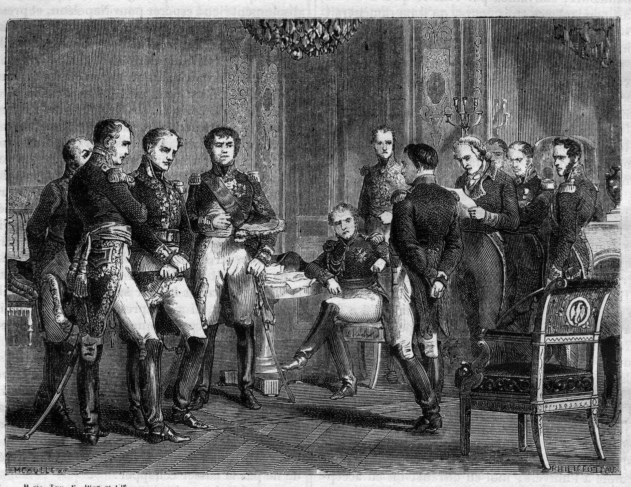 نابليون بونابرت - أول تنازل عن نابليون في عام 1814 - قراءة في حضور نابليون لرسالة من بيير رييل دي بورنونفيل إلى ماريشال ماكدونالد ، دوق تارانتو - في "Histoire de l'empire suite à l'histoire du consulate" "بقلم Adolphe ثي بواسطة المدرسة الفرنسية