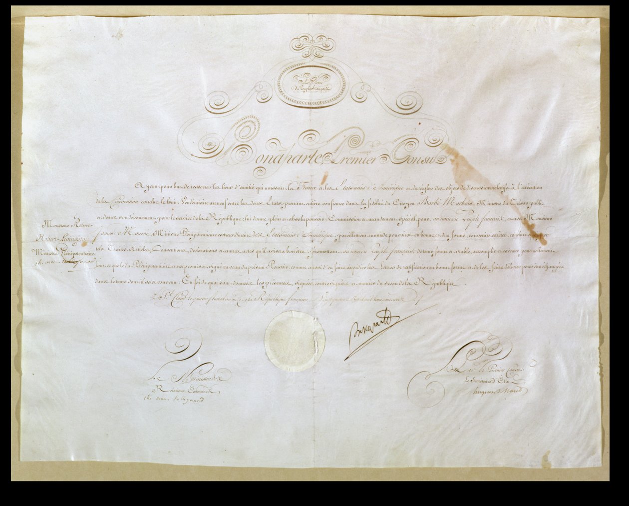 تصريح نابليون بونابرتس (1769-1821) لشراء الولايات المتحدة لويزيانا ، 30 أبريل 1803 (حبر على الرق) بواسطة المدرسة الفرنسية