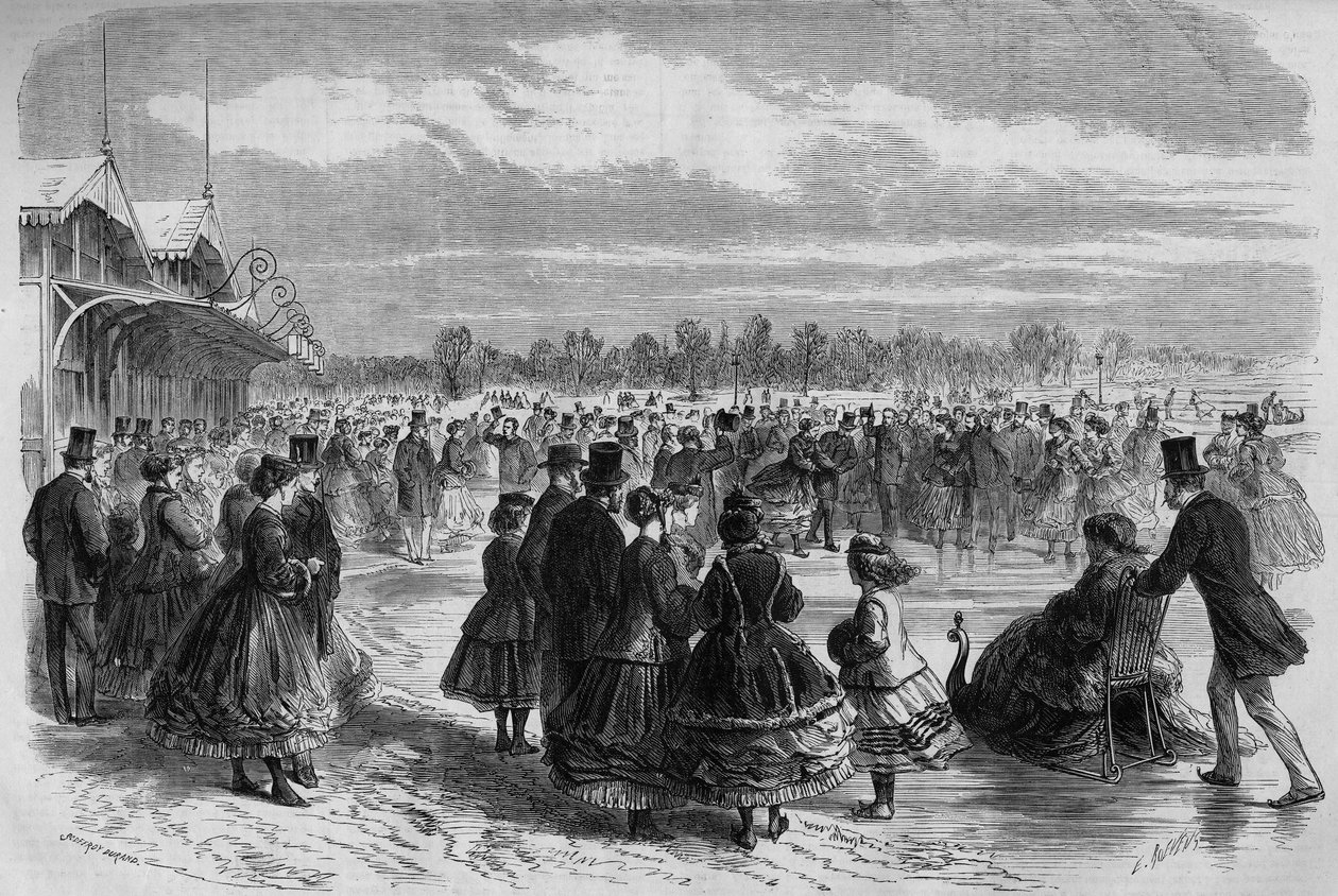 نابليون الثالث (1808-1873) والإمبراطورة أوجيني دي مونتيجو (1826-1920) في نادي باتينورز بوا دو بولوني في باريس. نقش في "Le Monde Illustre" رقم 511 بتاريخ 26 يناير 1867. بواسطة المدرسة الفرنسية