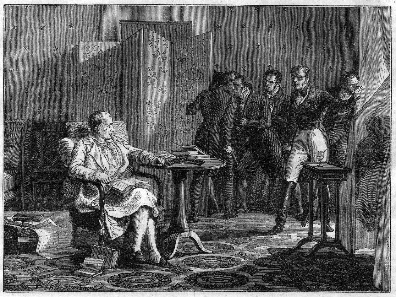 قرر نابليون الأول إلى سانت هيلين (سانت هيلين) في أكتوبر 1818 معارضة الأسلحة في يده ضد محاولة هدسون لوي ، الجنرال البريطاني ، لفرض الباب - في "تاريخ الإمبراطورية بعد تاريخ القنصلية" "لأدولف تيير - 1879 بواسطة المدرسة الفرنسية