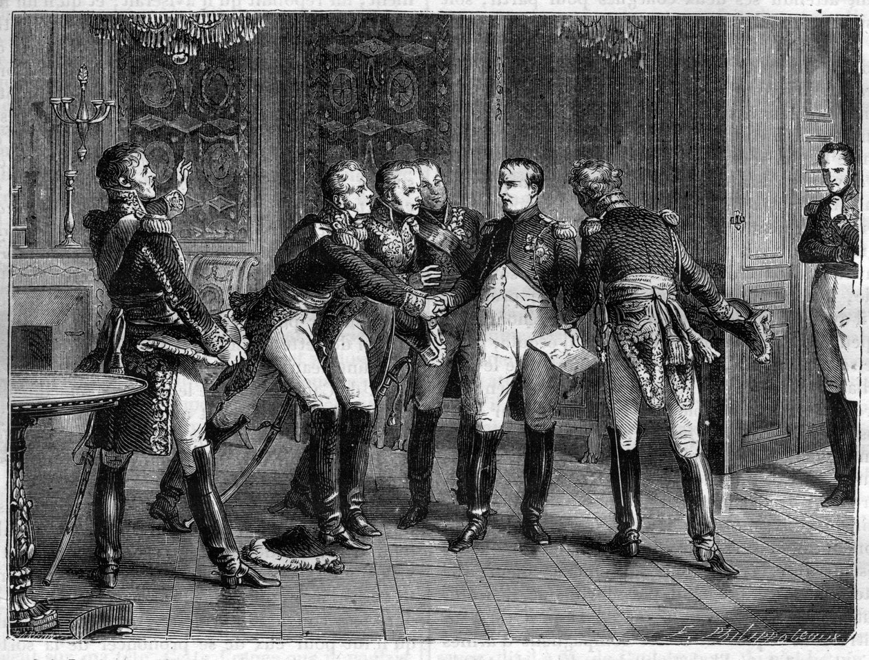 يخبر نابليون مشارديه عن قراره بالتنازل عن العرش ، 6 أبريل 1814 - أعلن نابليون الأول تنازله عن العرش في 6 أبريل 1814 - في "Histoire de l'empire faisant suite à l'histoire du consulate" "بقلم Adolphe Thiers - 1879 - مجموعة خاصة بواسطة المدرسة الفرنسية