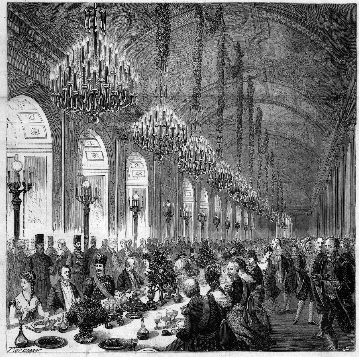 ناصر الدين (ناصر الدين) (1831-1896) شاه من بلاد فارس إلى فرساي. مأدبة في صالة الجليد. إلى يساره ألبرت ، دوق برولي (1821-1901). بواسطة المدرسة الفرنسية