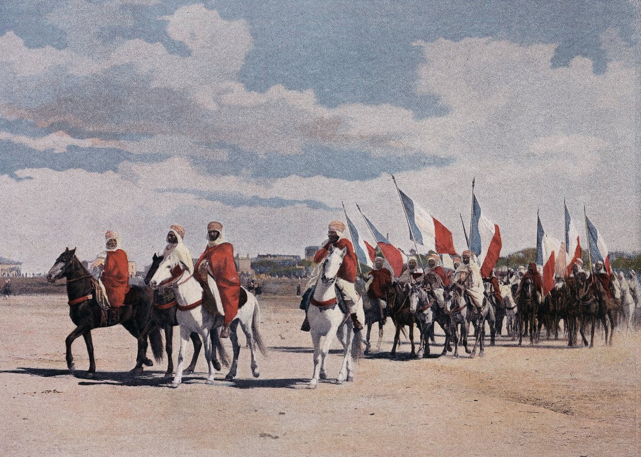 سكان Spahis الأصليون يذهبون إلى الخيال بأبهة عظيمة ، وينشرون لافتات - في "" Military Album "- Spahis بواسطة المدرسة الفرنسية