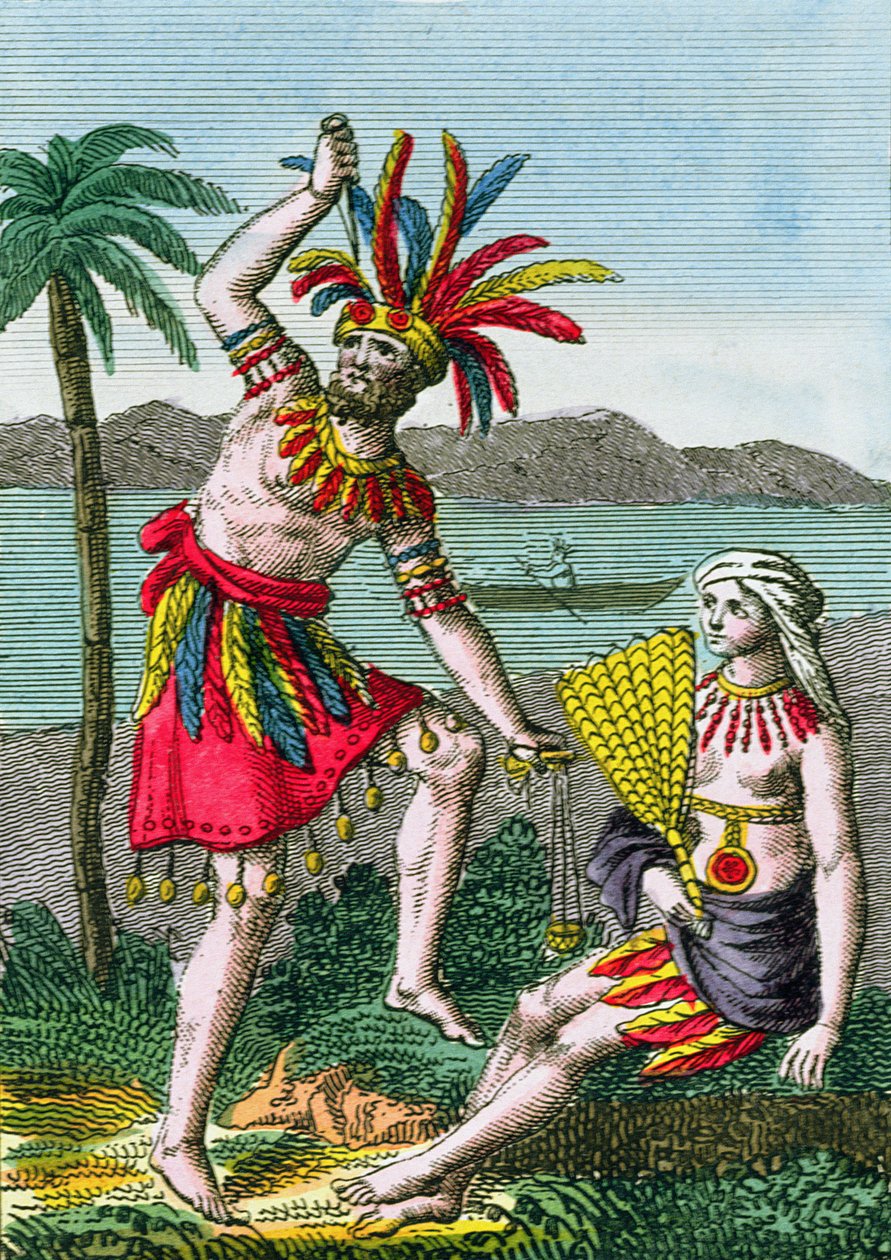 السكان الأصليون لجزر Marquesas ، توضيح من Histoire des Voyages Autour du Monde بواسطة J. Dufay ، نشرته Courvalet & Co. ، باريس ، 1826 (نقش الألوان) بواسطة المدرسة الفرنسية
