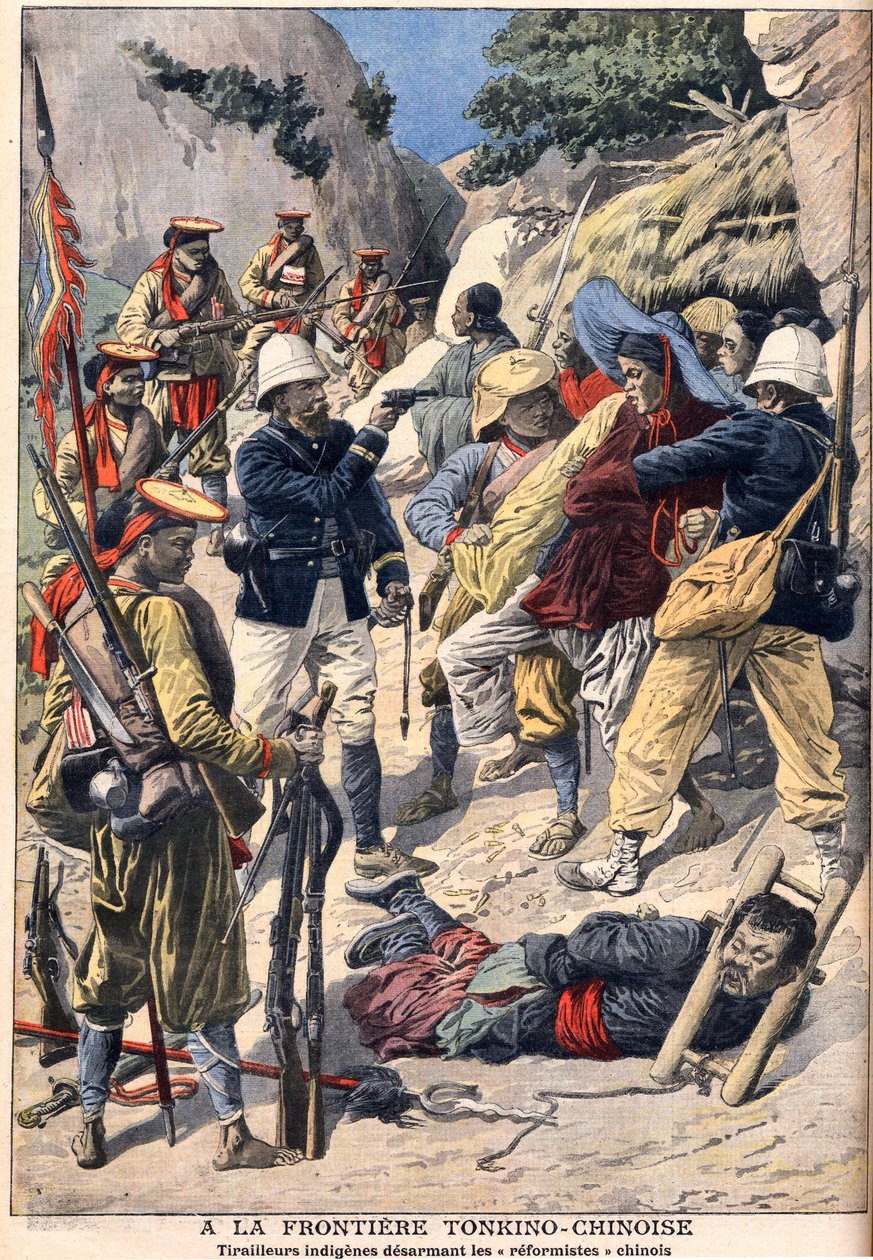 القوات المحلية تنزع سلاح "الإصلاحيين" الصينيين على الحدود مع تونكين ، الهند الصينية الإنجليزية. تونكينو الحدود الصينية. الدراجون من السكان الأصليين ينزعون سلاح الإصلاحيين الصينيين. رسم توضيحي لمجلة Le petit Journal بواسطة المدرسة الفرنسية