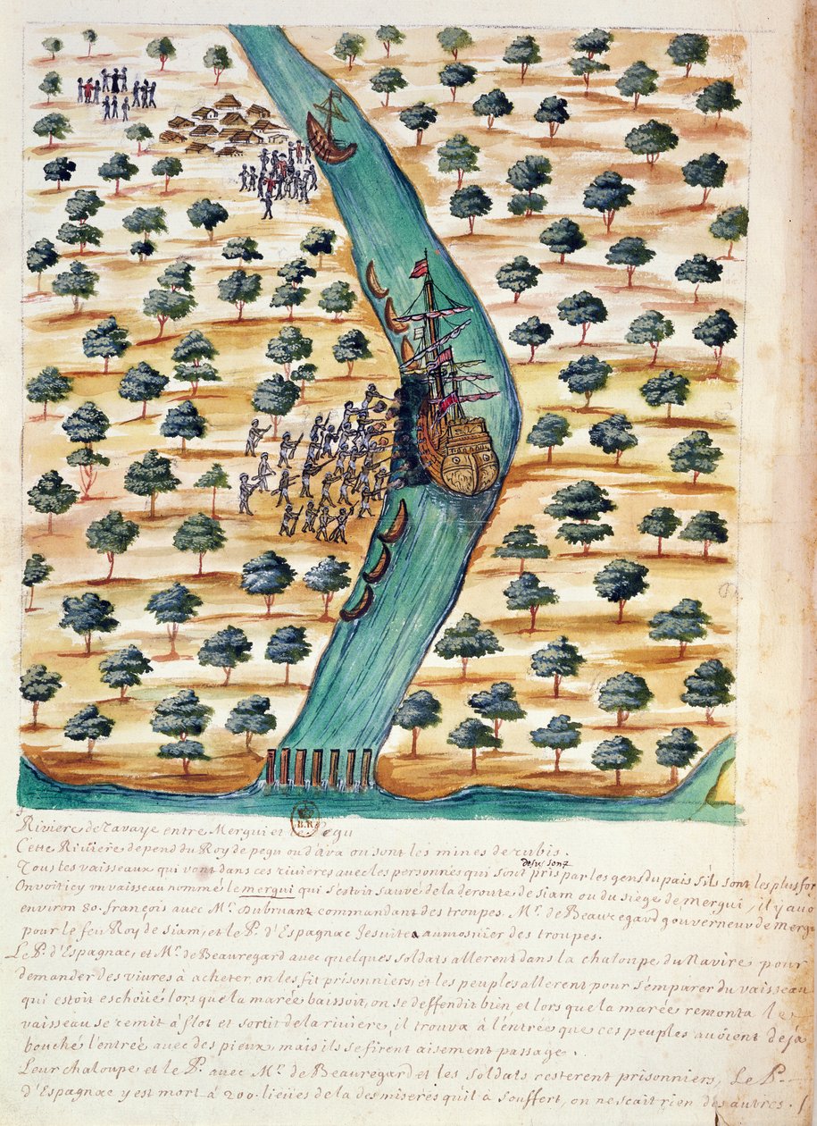 مواطنون يهاجمون السفن الفرنسية على نهر تافوي ، من حساب اليسوعيين في سيام ، 1688 (مرحاض على الورق) بواسطة المدرسة الفرنسية