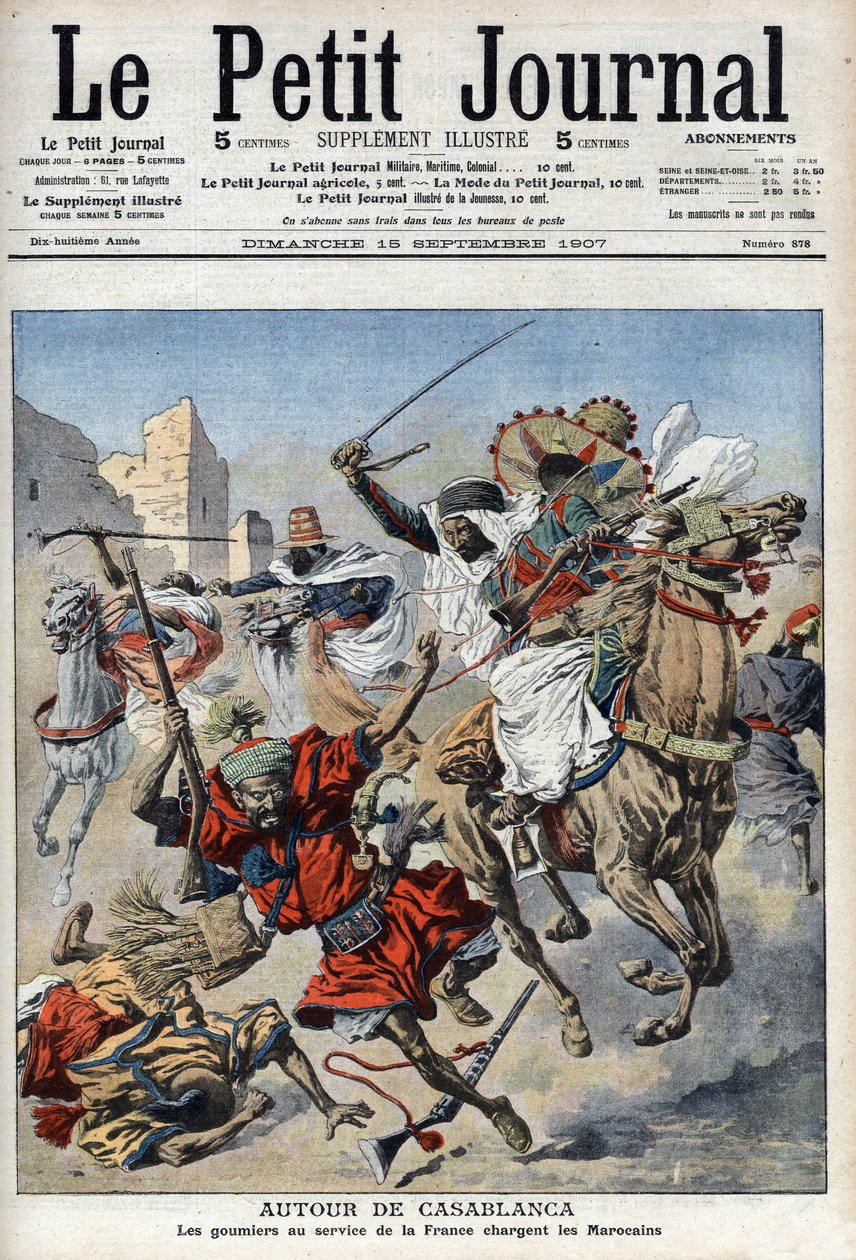 بالقرب من الدار البيضاء ، فإن goumiers يشحنون المغاربة ، رسم توضيحي من "Le Petit Journal" ، ملحق لامع بواسطة المدرسة الفرنسية
