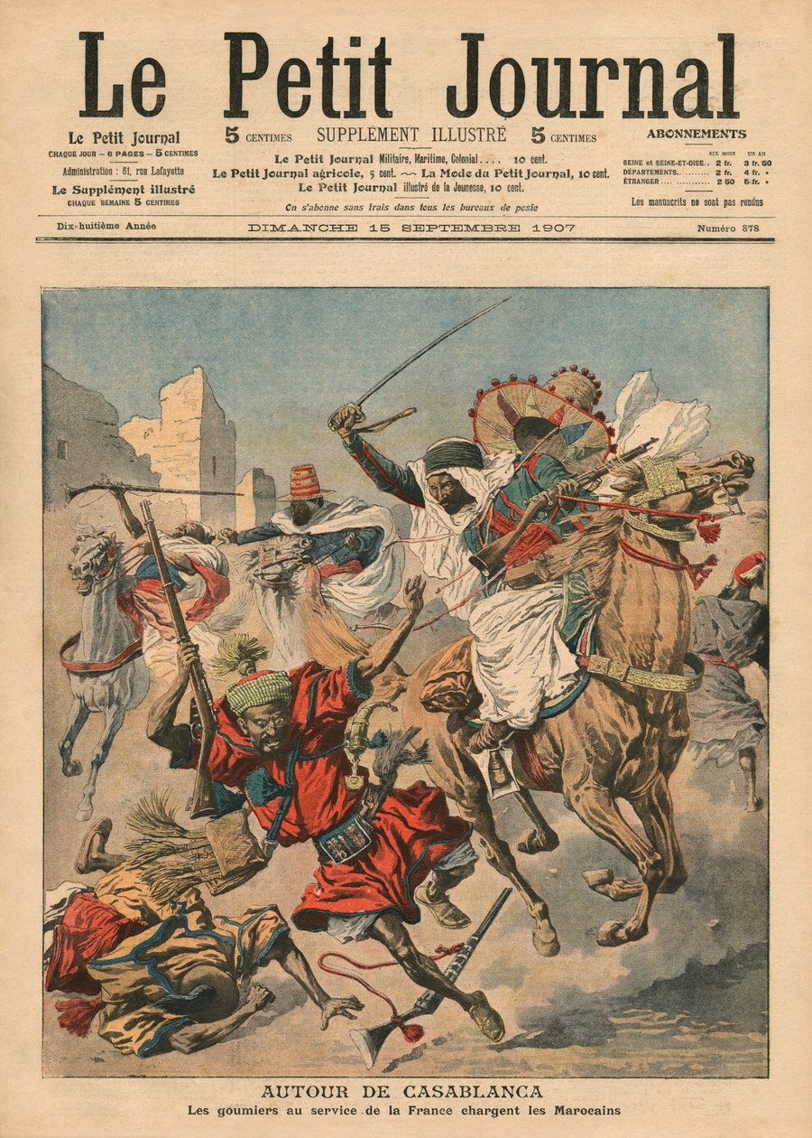 بالقرب من الدار البيضاء ، الغوميون يتقاضون المغاربة ، رسم توضيحي من "Le Petit Journal" ، ملحق Illustre ، 15 سبتمبر 1907 بواسطة المدرسة الفرنسية