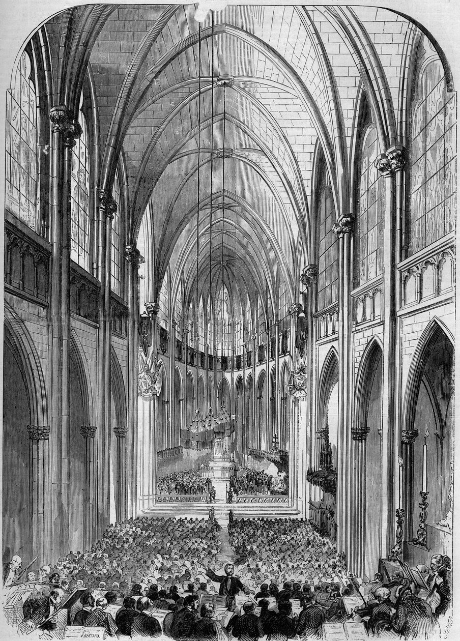 العمارة القوطية الجديدة: منظر داخلي لكنيسة سانت كلوتيلد (1846-1857) ، في باريس ، أثناء افتتاحها في 30 نوفمبر 1857. نقش برتراند في "" Le Monde Illustré "" رقم 34 بتاريخ 5 ديسمبر 1857. بواسطة المدرسة الفرنسية