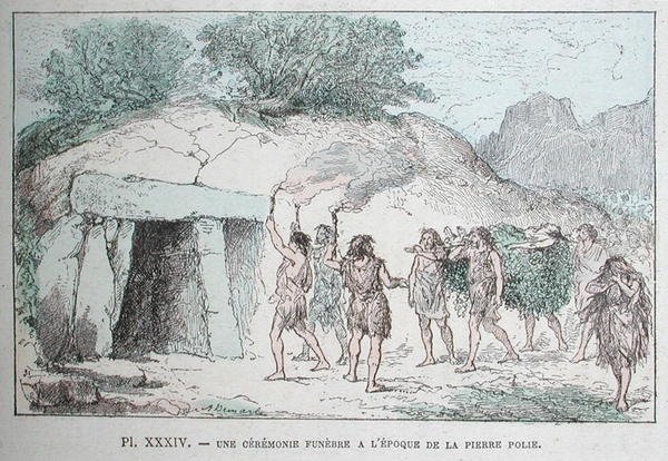 طقوس الجنازة من العصر الحجري الحديث ، رسم توضيحي من "أصول الحياة" للدكتور رينجاد ، حوالي 1880 (نقش ملون) بواسطة المدرسة الفرنسية