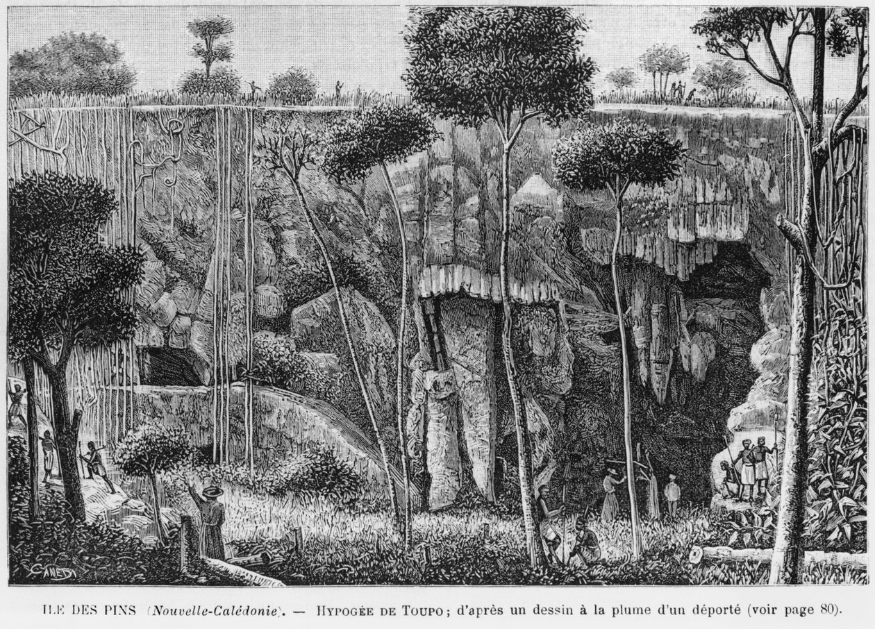 كاليدونيا الجديدة ، جزيرة الصنوبر ، Hypogeum of Toupo ، بعد رسم قلم وحبر من قبل المبعدين ، توضيح من نشرة Les Missions Catholiques ، 1893 بواسطة المدرسة الفرنسية