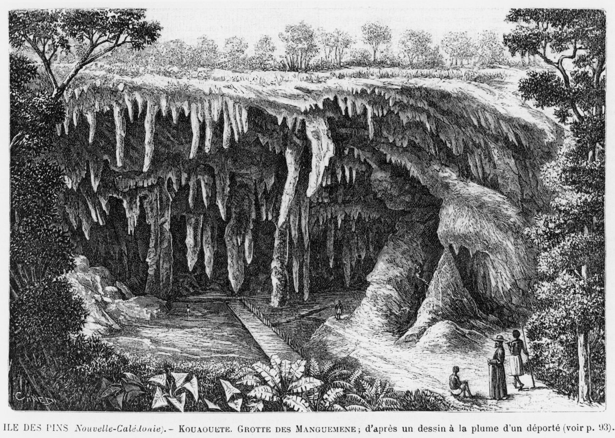 كاليدونيا الجديدة ، جزيرة الصنوبر ، Kouaouete ، مغارة Manguemene ، رسم توضيحي من نشرة Les Missions Catholiques ، بعد رسم قلم وحبر للمبعدين ، 1893 بواسطة المدرسة الفرنسية