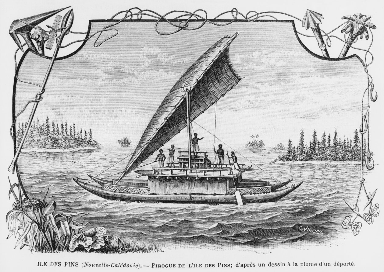 كاليدونيا الجديدة ، pirogue Isle of Pines ، بعد رسم وقلم حبر لمُرحل ، توضيح من نشرة Les Missions Catholiques ، 1893 بواسطة المدرسة الفرنسية