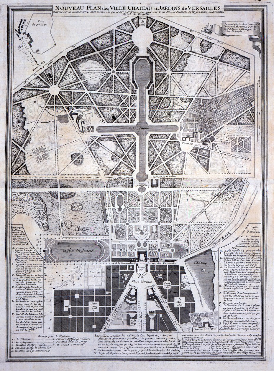 الخطة الجديدة للبلدة والقلعة والحدائق في فرساي ، 1714 ، من Les Plans، Profiles et Elevations des Villes et Chateau de Versailles ، تم نشرها في عام 1715 بواسطة المدرسة الفرنسية