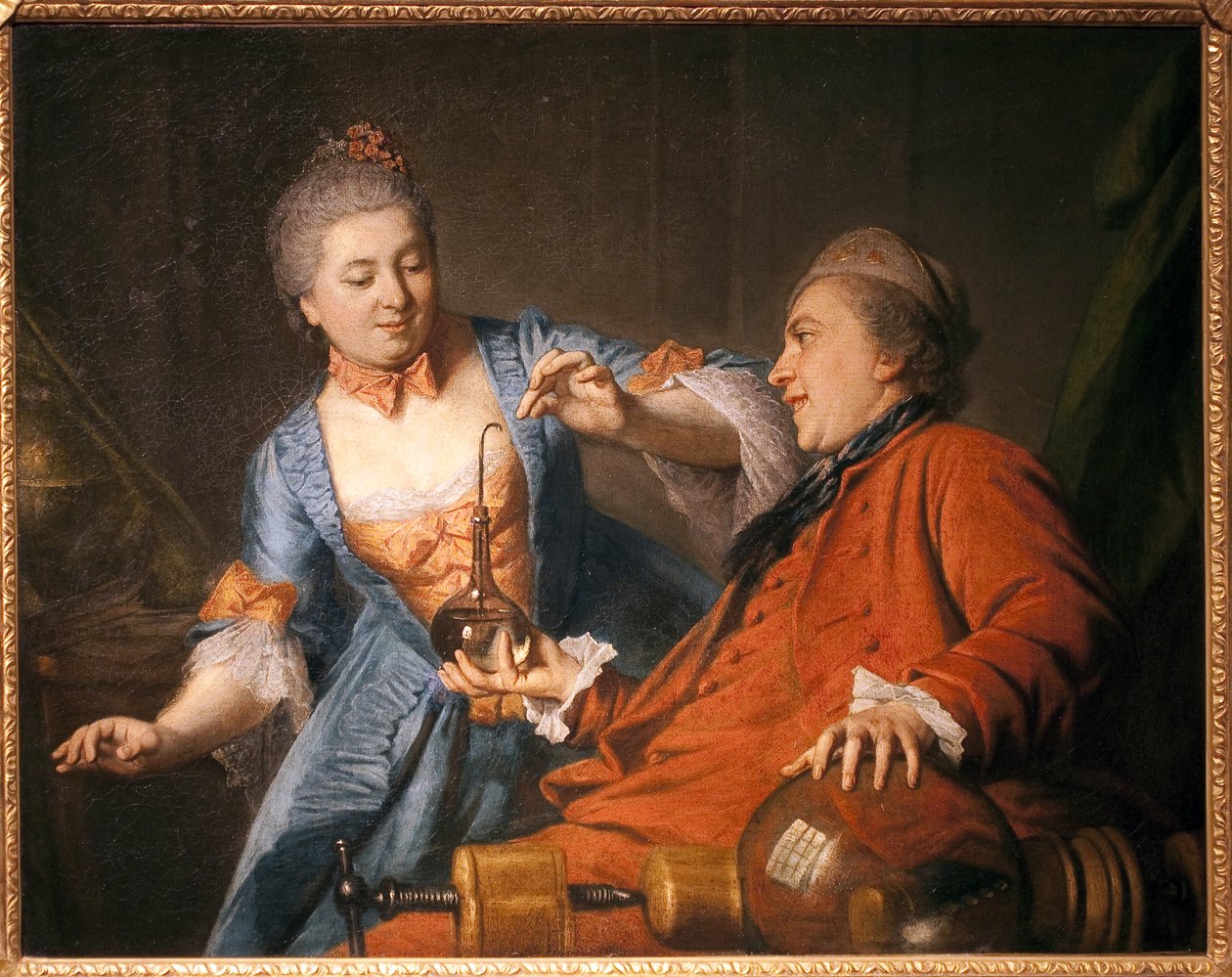 نيكولاس بيرجيت (1733-1815) و Madame de Maisoncel يجرون تجربة في الفيزياء. لوحة لريموا مجهول ، زيت على قماش بواسطة المدرسة الفرنسية