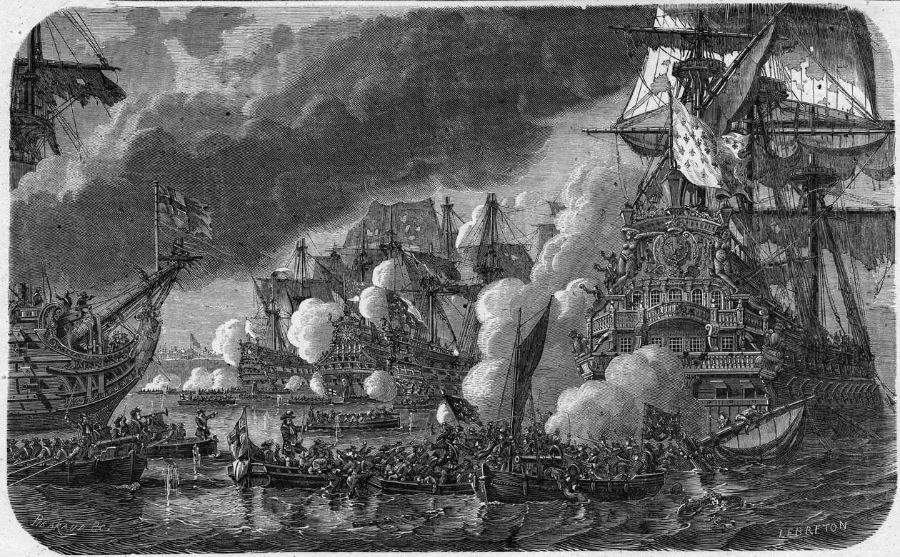 حرب تسع سنوات (حرب عصبة أوغسبورغ) (1688-1697): معركة هوج في 19/05/1692 بين الأسطول الأنجلو هولندي والأسطول الفرنسي لنائب الأدميرال آن هيلاريون من كوستنتين (كوتنتين) ، كونت تورفيل (1642-1701). رأت الهزيمة بواسطة المدرسة الفرنسية