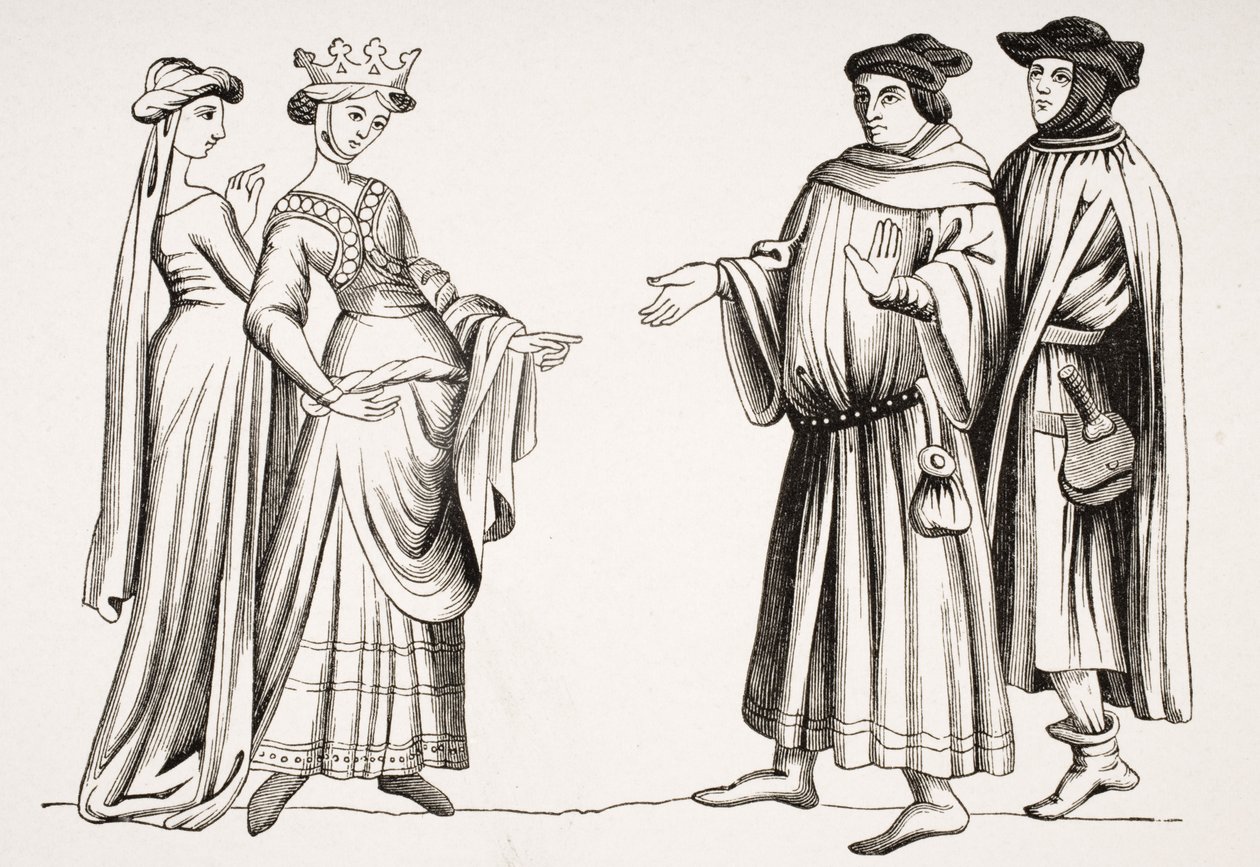 سيدة نبيلة وخادمة الشرف واثنين من البرجيز ، بعد مصغر في "Merveilles du Monde" ، من "Le Moyen Age et La Renaissance" بواسطة Paul Lacroix (1806-84) نشر عام 1847 بواسطة المدرسة الفرنسية