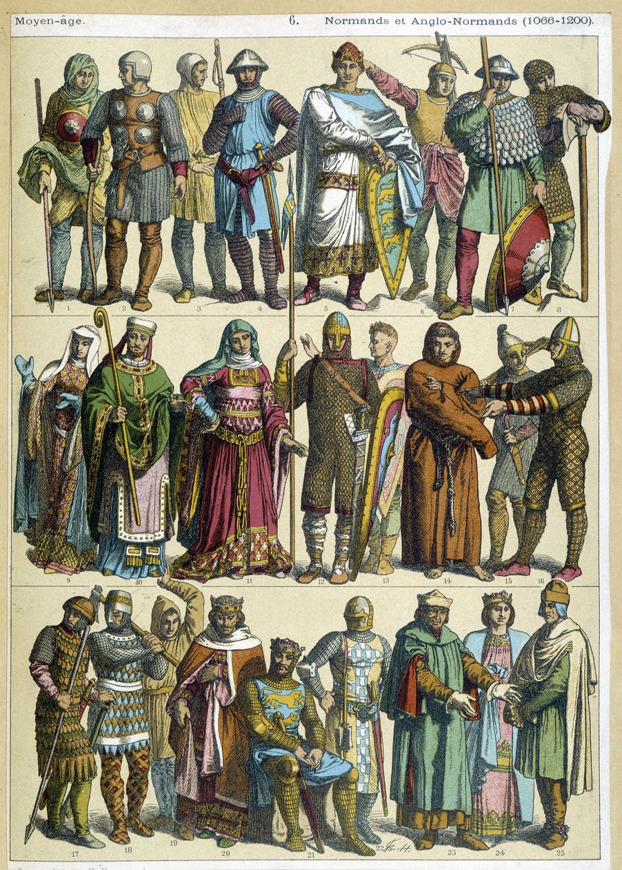 أزياء نورمان وأنجلو نورمان مدنية ودينية ومحاربين (1066-1200) - نقش بواسطة المدرسة الفرنسية