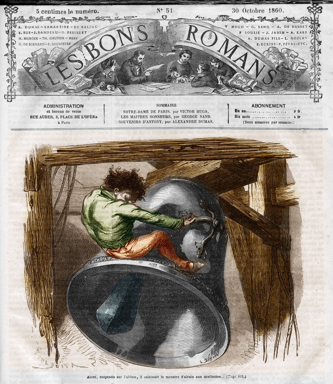 سلسلة رواية: "نوتردام دي باريس" لفيكتور هوغو (1802-1885). Quasimodo على برج الجرس. نقش في "" Les bons romances "" بواسطة المدرسة الفرنسية