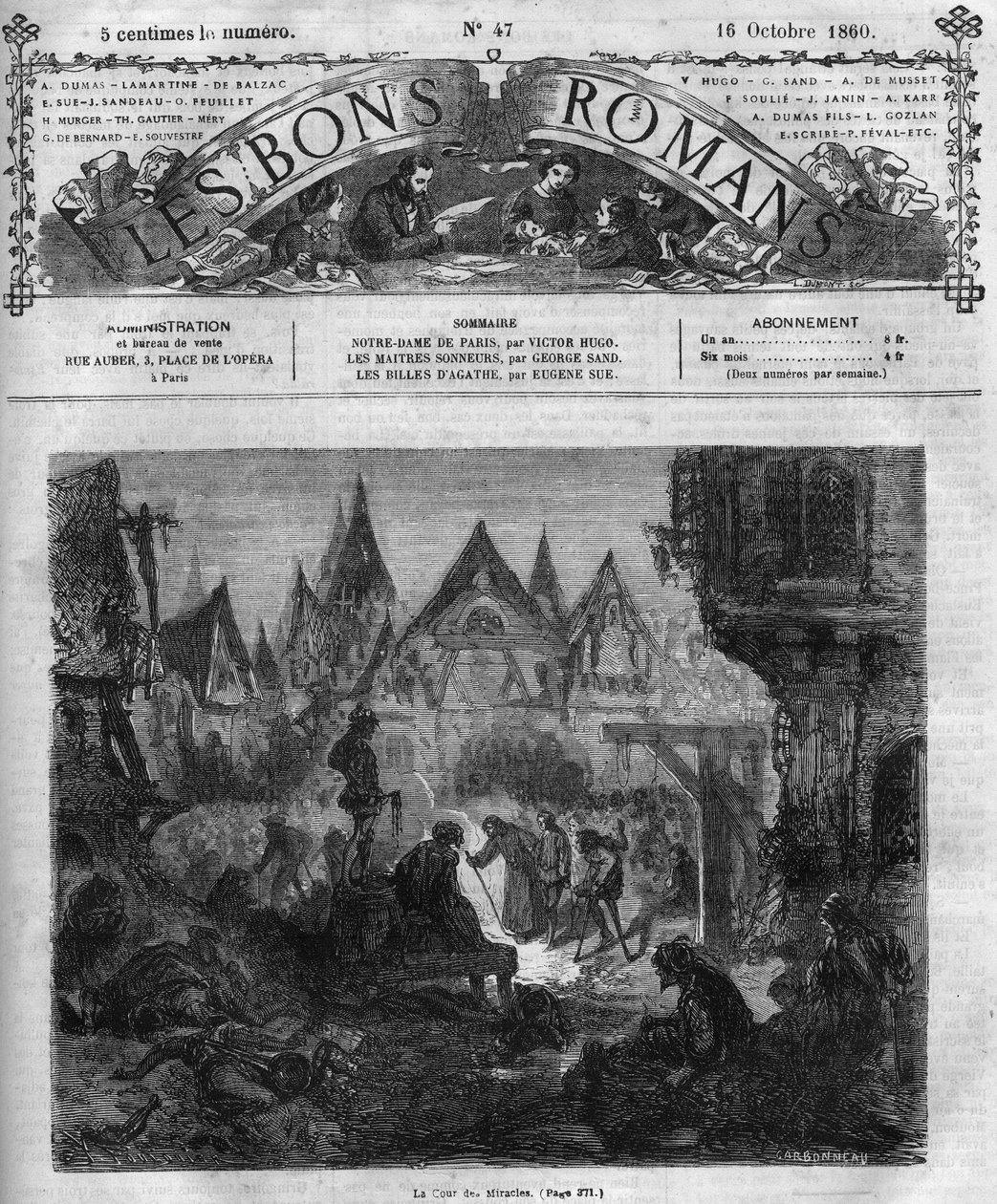 سلسلة رواية: "نوتردام دي باريس" لفيكتور هوغو (1802-1885). محكمة المعجزات. نقش في "" Les bons romances "" بواسطة المدرسة الفرنسية