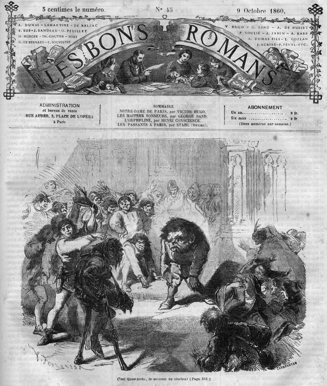 سلسلة رواية: "نوتردام دي باريس" لفيكتور هوغو (1802-1885). خافت الحشود وضحكت أمام Quasimodo ، جرس الأجراس. نقش في "" Les bons romances "" بواسطة المدرسة الفرنسية
