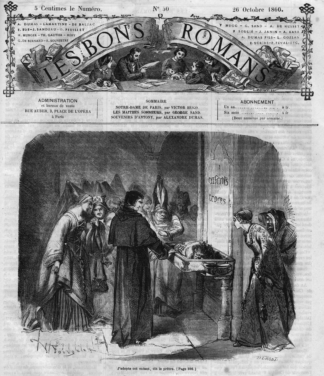 سلسلة رواية: "نوتردام دي باريس" لفيكتور هوغو (1802-1885). الكاهن يقرر أن يتبنى Quasimodo. نقش في "" Les bons romances "" بواسطة المدرسة الفرنسية
