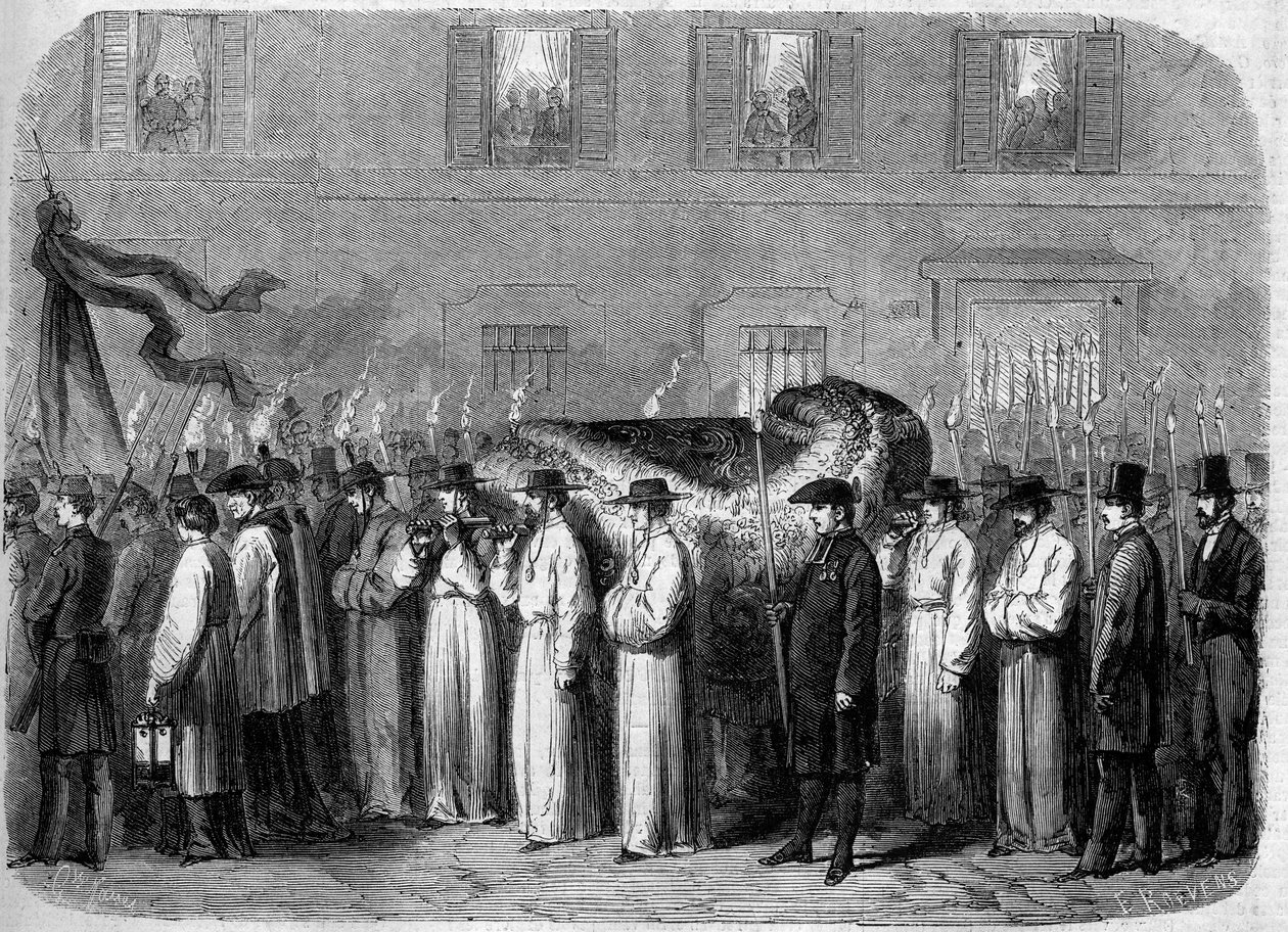 مقتطفات من جان بابتيست (جيوفاني باتيستا) نيكوليني (1782-1861) ، 21 سبتمبر 1861: قافلة جنازة تحمل رفات الشاعر الإيطالي في شوارع فلورنسا (فلورنسا) بإيطاليا. نقش في "" Le Monde Illustré "رقم 234 بتاريخ 5 أكتوبر بواسطة المدرسة الفرنسية