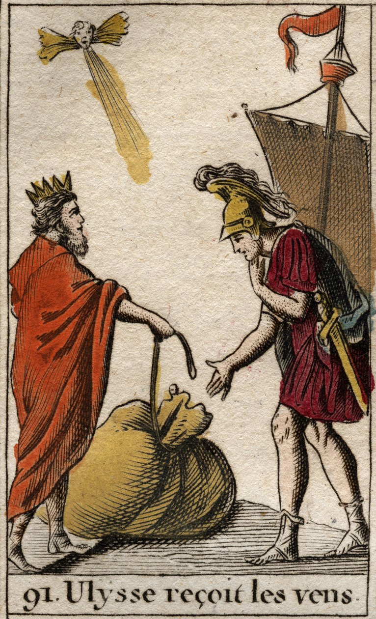 Odyssee of Homere: Eole ، ملك جزيرة Cyclops ، يتبرع لأوليسيس بالحقيبة التي تحتوي على الرياح التي تسمح له بجعلها تعمل لحسابه الخاص. (ملحمة هوميروس: عولس ، ملك جزيرة العملاق ، يعطي أوديسيوس كيسًا يحتوي على الرياح. بواسطة المدرسة الفرنسية