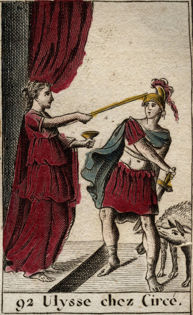 Odyssee of Homere: الأبطال أوليسيس في Circe الساحر. وخلفه تحول رفاقها إلى خنازير. (ملحمة هوميروس: أوديسيوس في سيرس الساحرة. خلفه ، تحولت رفاقه إلى خنازير) من فيلم "Mythologie de la jeunesse" بقلم بيير بل بواسطة المدرسة الفرنسية