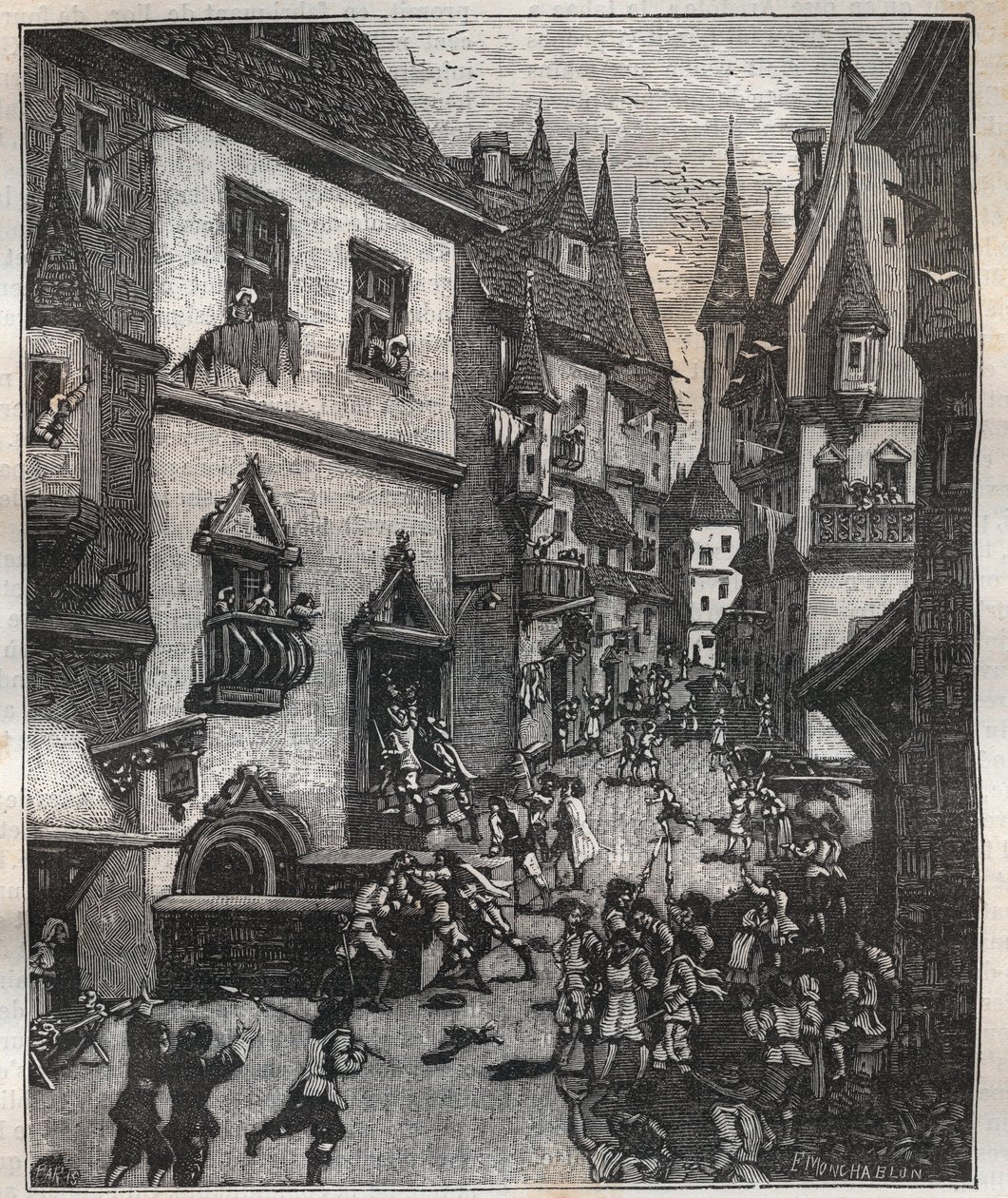 On 20 May 1636 eight counterfeiters were arrested in rue Champfleuri by two police commissioners accompanied by a dozen sergeants - in “Paris a travers les siecles”” by Nicolas Jules Henri Gourdon de Genouillac (1826-1898) بواسطة المدرسة الفرنسية